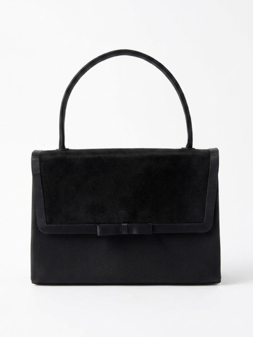 Vintage Inspired Black Satin & Suede Evening Bag Bow Accent Top Handle